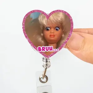 Funny 'Bruh' Pink Glitter Badge Reel | Interchangeable ID Tag