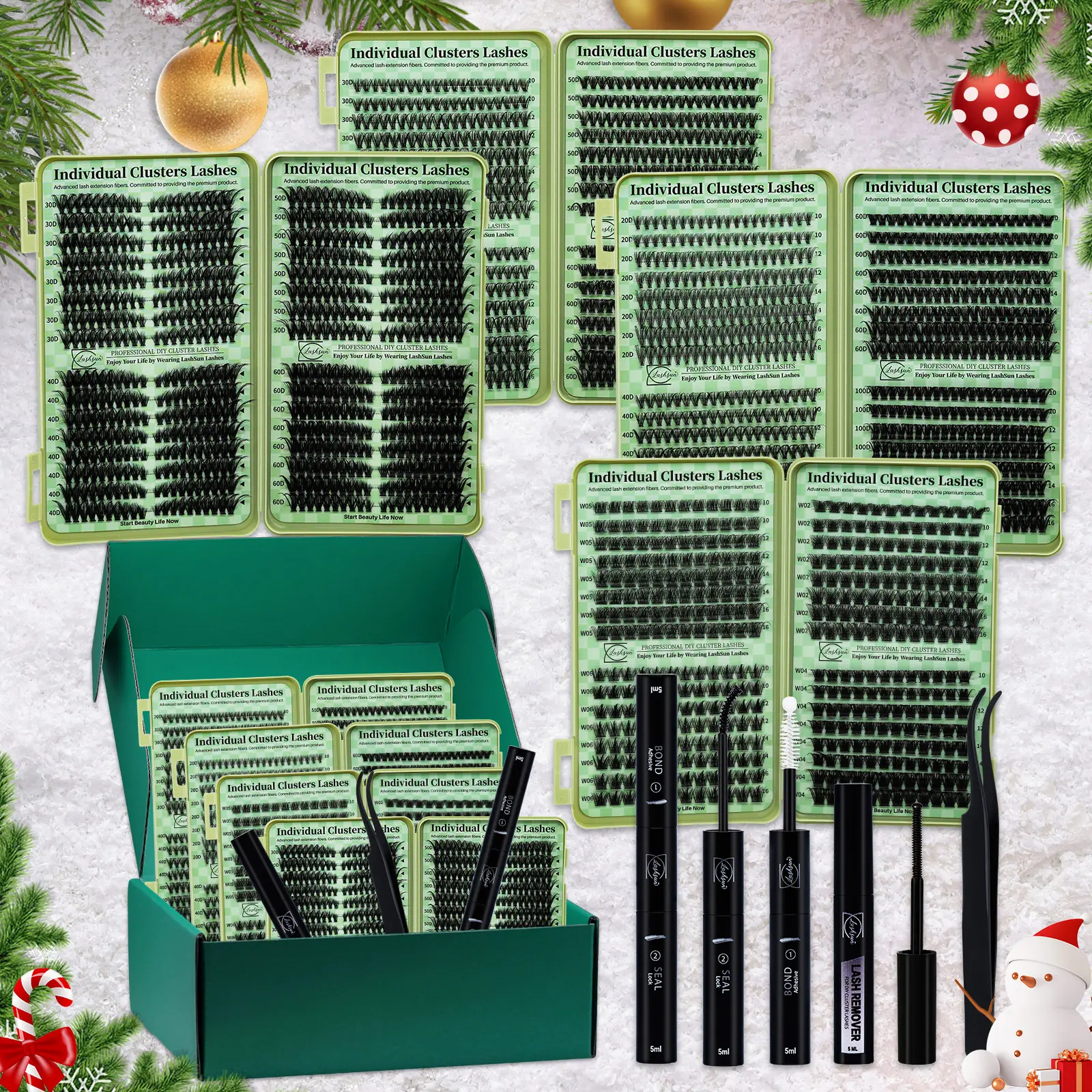 LASHSUN Christmas Gift Box, 2304PCS Individual Lashes, Diy Cluster Lashes 14 Styles 10-16mm Cat/Wispy/Volume Lashes Kit Eyelash Extensions Lash Extension with Bond&Seal Remover Tweezers, Perfect for Beginners, DIY at Home, Easy Apply For Makeup