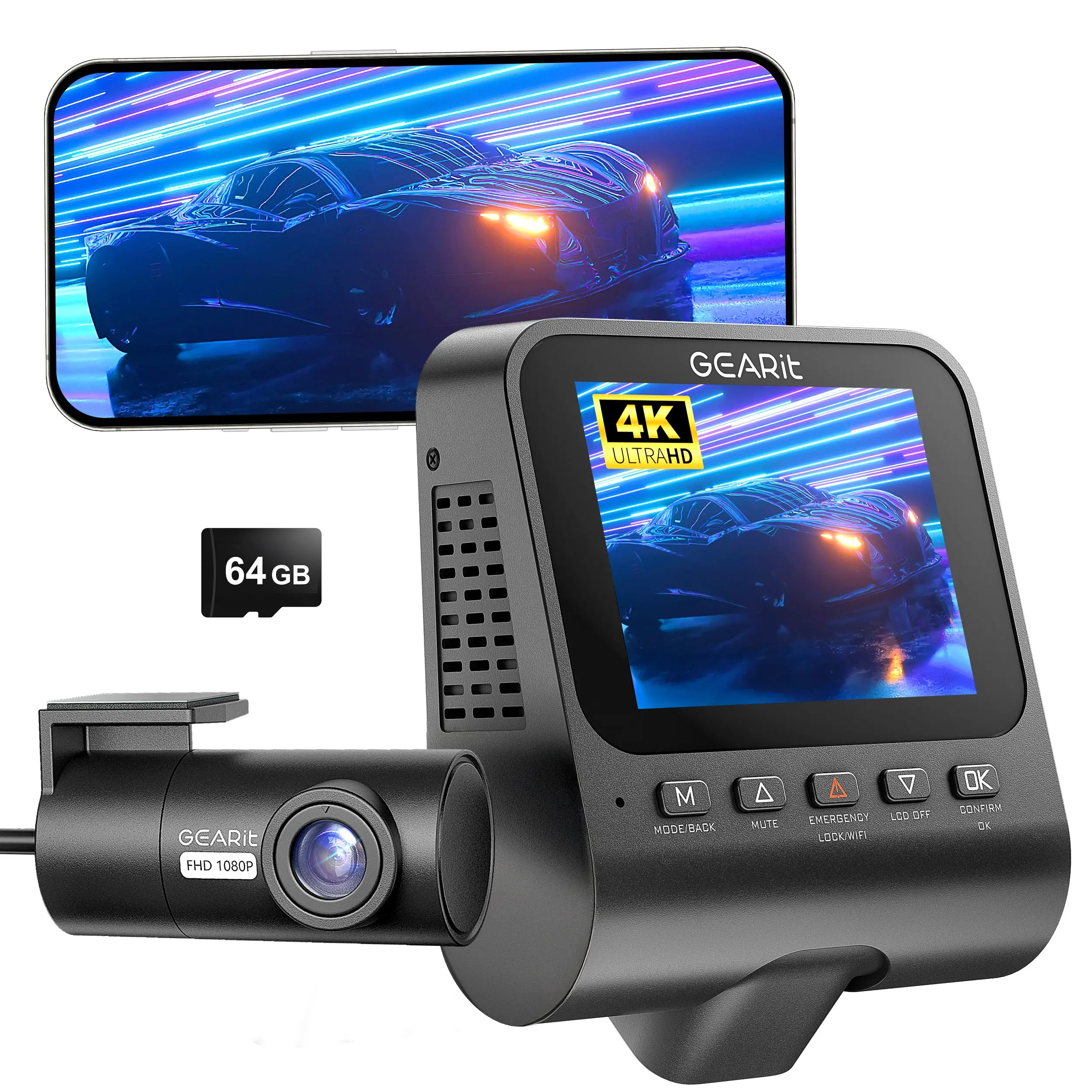 GEARit 4K Dual Dash Cam Front & Rear with WiFi GPS Night Vision 64GB Included HD Driving Recorder for Ultimate Road Safety GEARit 4K Dual Dash Cam Front & Rear with WiFi GPS Night Vision 64GB Included HD Driving Recorder for Ultimate Road Safety