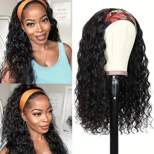 Bling Hair Headband Wig Curly Deep Wave Headband Wigs For Women Human Hair Headband Wigs Wet And Wavy Wigs With Headbands Attached Black Half Wig For Daily Use Easy to Wear