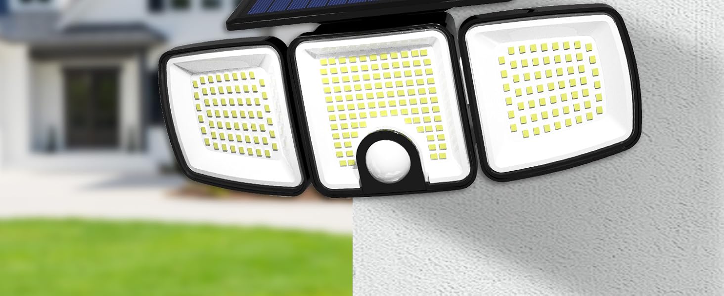 Solar Lights Outdoor with Motion Sensor, 223 LED Security Light, IP65 Waterproof LED Floodlight, 3 Adjustable Heads 360°Wide Angle Wall Light for Yard Garage Porch Garden
