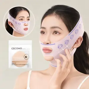 3-piece set includes 2 facial training bands and 1 makeup puff; adjustable and reusable; breathable V-face lifting beauty bands; suitable for day and night use.
