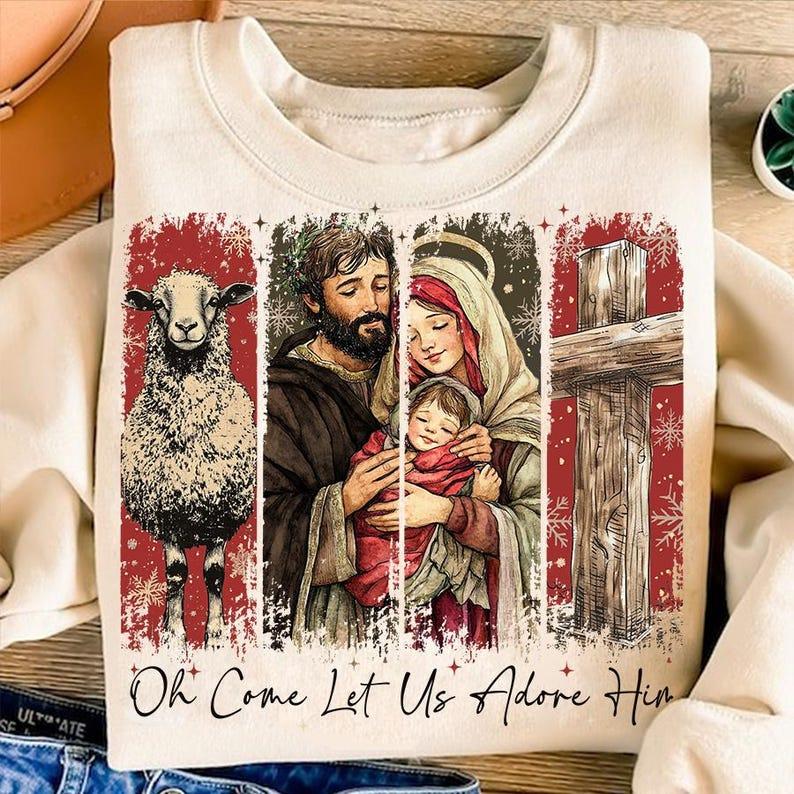 Oh Come Let Us Adore Him Unisex Sweatshirt, Retro Jesus Christmas Shirt, Nativity Scene, Christmas Cross, Bible Verse, Christian Christmas, Xmas Season, For Men and Women
