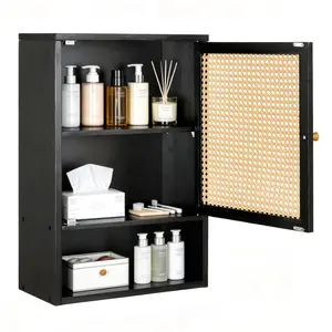 Garvee Bathroom Wall Cabinet, Above Toilet Storage Cabinet Bamboo Medicine Cabinets Wall Mount with Rattan Doors and Adjustable Shelf, Space Saver Cabinet Storage for Kitchen, Laundry, Living Room Black