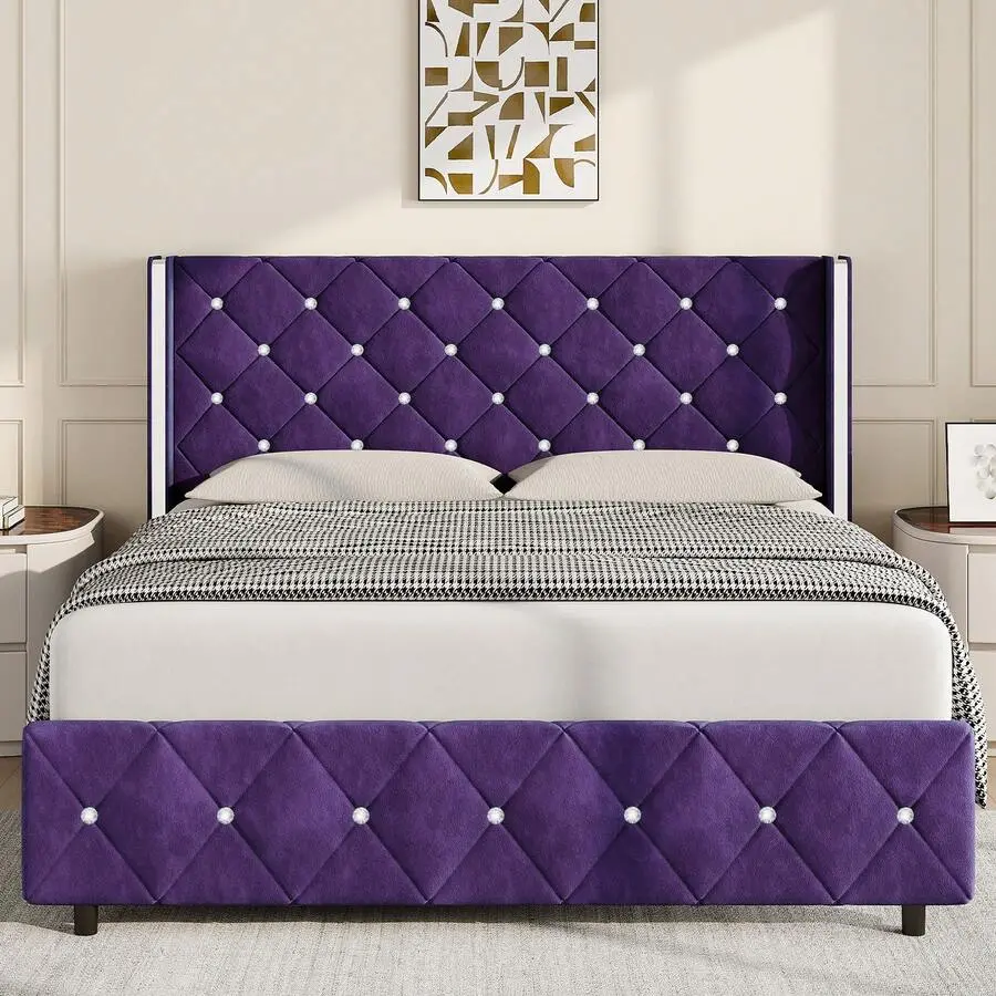 Bed Frame With Wingback Headboard Diamond Tufted Headboard & Footboard Velvet Upholstered Platform Bed Easy Assembly Twin Full Queen King Purple Blue Pink White Black Green Bedroom Furniture Kids Metal Plush Rocking Horse Chair
