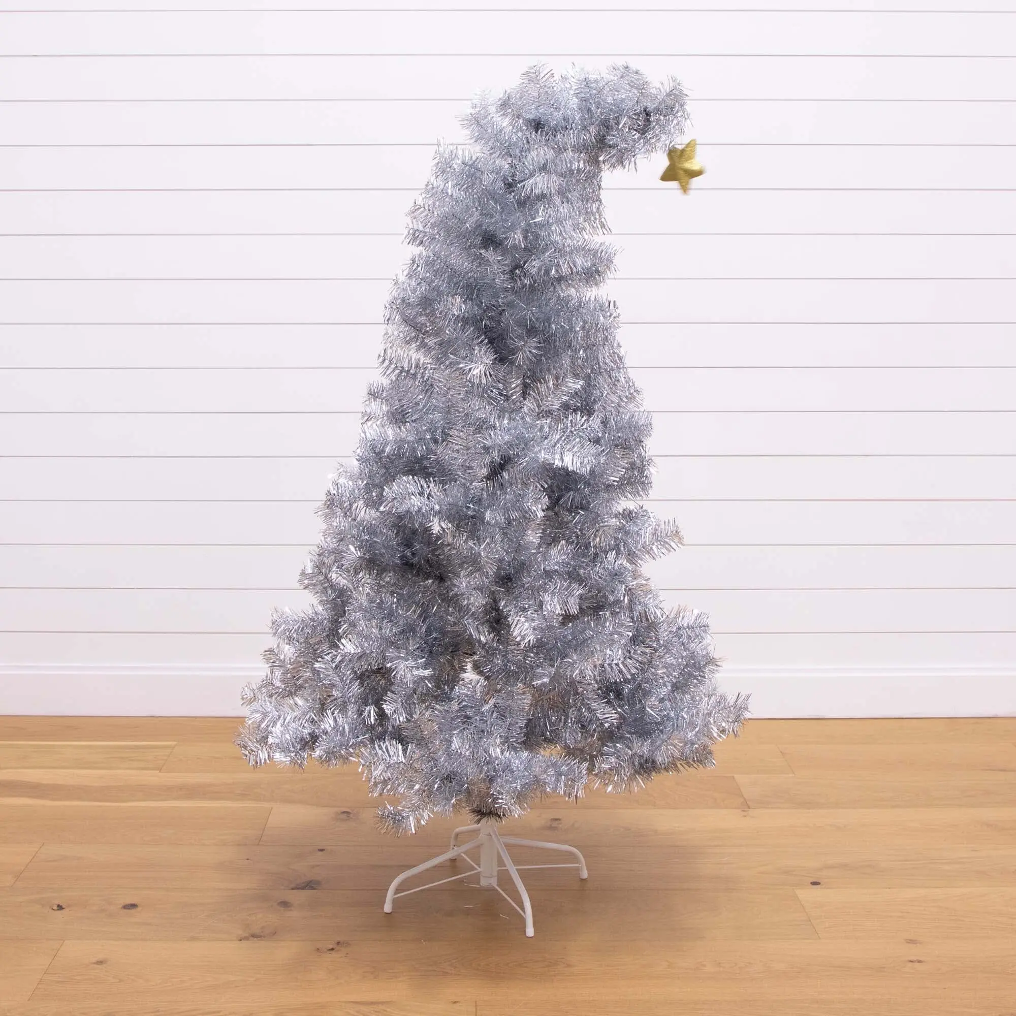 5' Standing Artificial Silver Tinsel Santa's Hat Christmas Tree with Star Topper - Hollywood Glam Vintage Festive Decor for New Year’s Eve, Santa Claus Themed Home & Party Supply