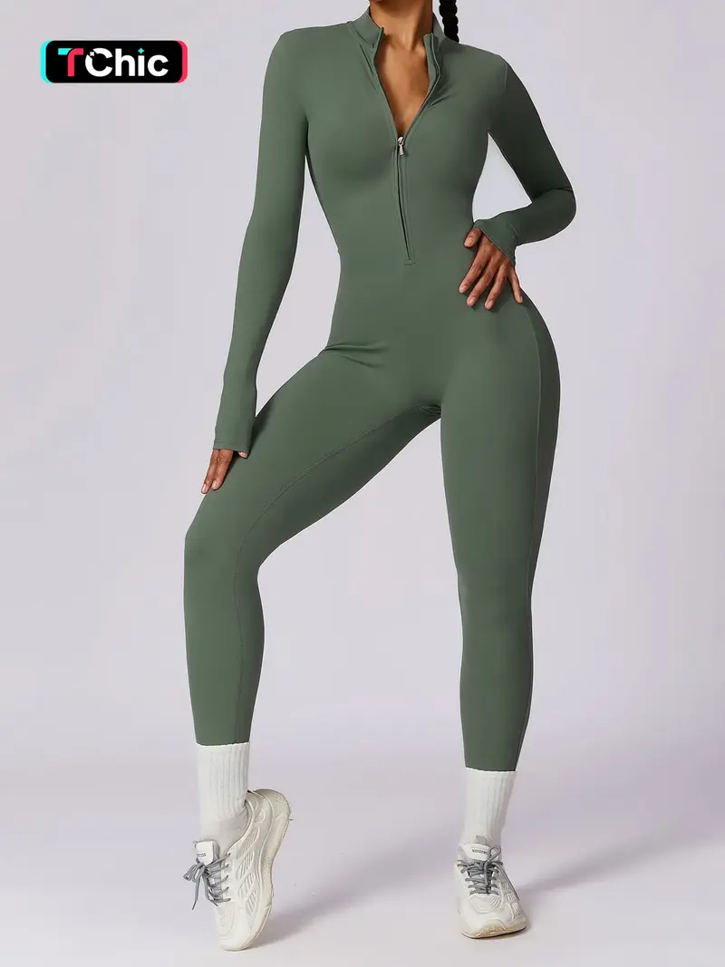 Women's Solid Zip Up Long Sleeve Sports Jumpsuit, Casual Sporty Comfy Jumpsuit for Yoga Gym Workout, Ladies Sportswear for All Seasons