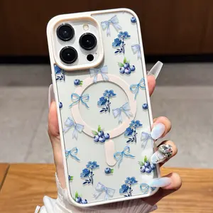 Apple Magnetic Phone Case Fresh Blue Flower Bow Pattern Transparent Full Cover Shockproof Protective Case for iPhone 14/13/12 Series Stylish Simple Literary Style HD Printing Fade-Resistant Slim Soft