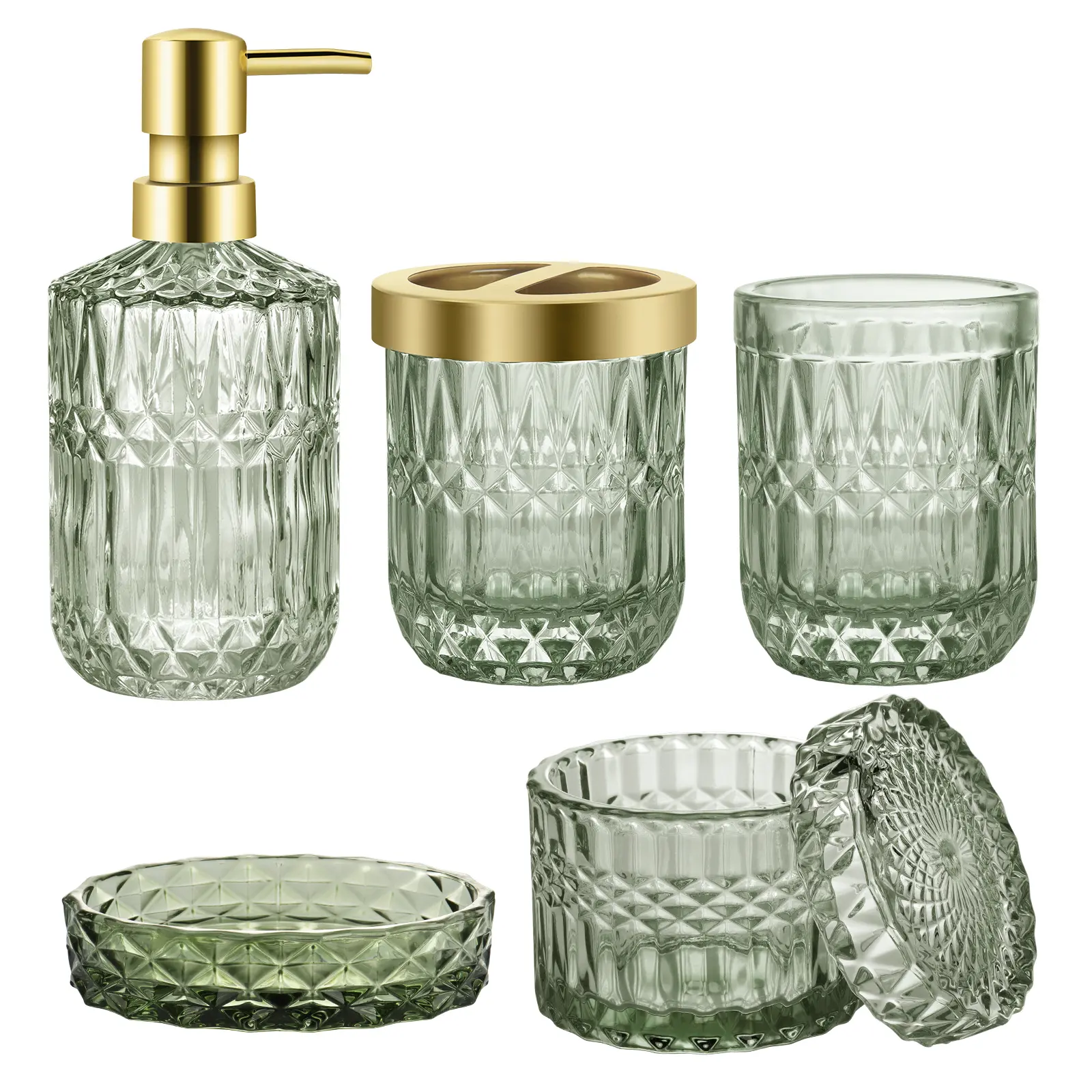 5 Pieces Vintage Modern Green Glass Bathroom Set - Lotion Soap Dispenser, Soap Dish, Toothbrush Holder, Tumbler, Cotton Swab Jar - Stylish Bathroom Accessories for Mother's Day, Valentine's Day, 1 Green Glass Soap Dispenser