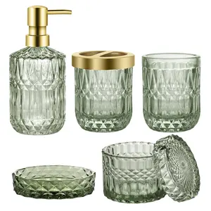 Green Glass Bathroom Set, 5 Pack Bathroom Accessories in Green, Stylish Green Glass Bathroom Ensemble with Lotion Soap Dispenser, Soap Dish, Toothbrush Holder, Tumbler, and Cotton Swab Jar, Five Pieces