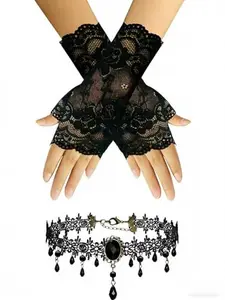 Women's Goth Accessories Set - Black Lace Fingerless Gloves and Velvet Choker Necklace for Halloween, Prom, 1920s Party & Gothic Cosplay
