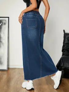 Women's Casual Stretch Mid Rise Long Denim Skirt Women Pull On Mid-Length Streetwear Denim A Line Skirt Womens Elegant Style Elastic Hip Skirt Flowing Beard Splicing A-shaped Long Skirt Womenswear Bottom Palda Basic Fabric Fashion