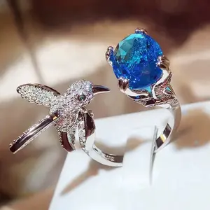 Humming Bird Silver Blue Stoned Ring Shiny Elegance Woman Every Day Wear Spirituall Adjustable