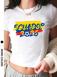 Women's Ecuador 2026 World Cup Soccer Crop Baby Tee - Y2K Ecuadorian Flag Football Print Slim Fit Short Sleeve T-Shirt, 90s Aesthetic Trendy Graphic Top for Soccer Fans, Game Day & Casual Daily Wear, Multi Colors Available