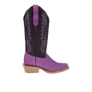 R. Watson Boots Womens Boar Narrow Embroidered Square Toe  Casual Boots Mid Calf Low Heel 1-2" - Purple