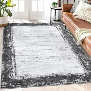 【GARVEE】Solid Area Rug 5x7 - Washable, Modern Bordered Design in Neutral Grey, Stain Resistant and Non-Shedding Carpet for Living Room, Bedroom, Dining Room, Easy Care Geometric Floor Decor