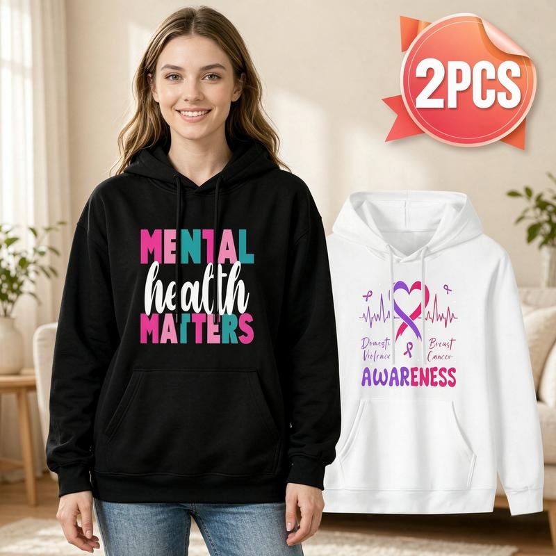 2 Pack Women's Awareness Hoodies with Pockets - Mental Health Matters & Domestic Violence Breast Cancer Support Graphic Pullover Sweatshirts, Soft Comfy Fall Winter Outfits, Cozy Self Care Gifts for H