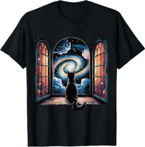 cool cat staring at galaxy Funny T-Shirt