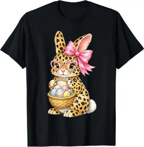 Cute Bunny Glasses Bandana Leopard Rabbit Happy Easter Girls T-Shirt