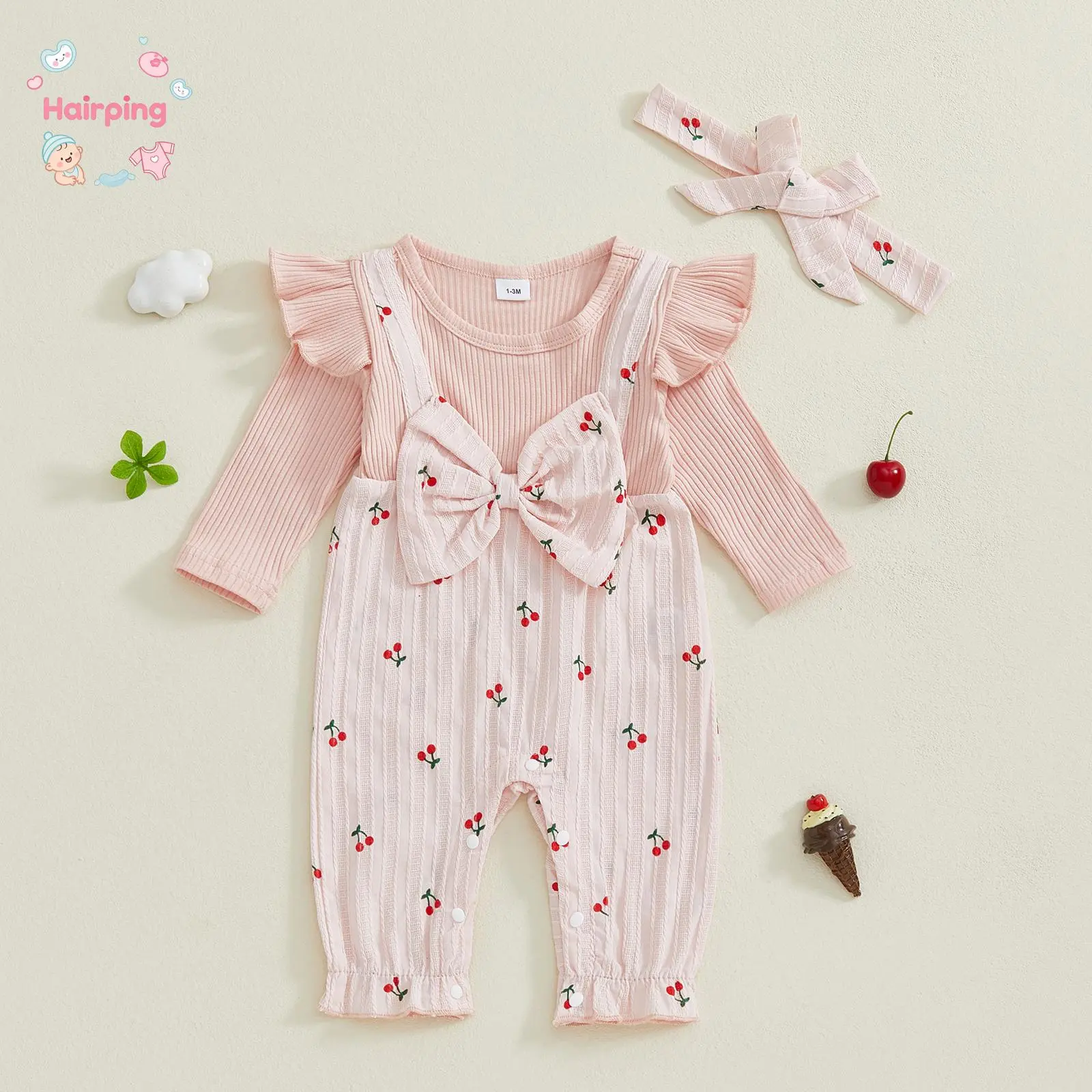 Baby Girl Fall Cherry Outfit, Fake Two-piece Long Sleeve Ribbed Romper and Headband, 2 Piece Set