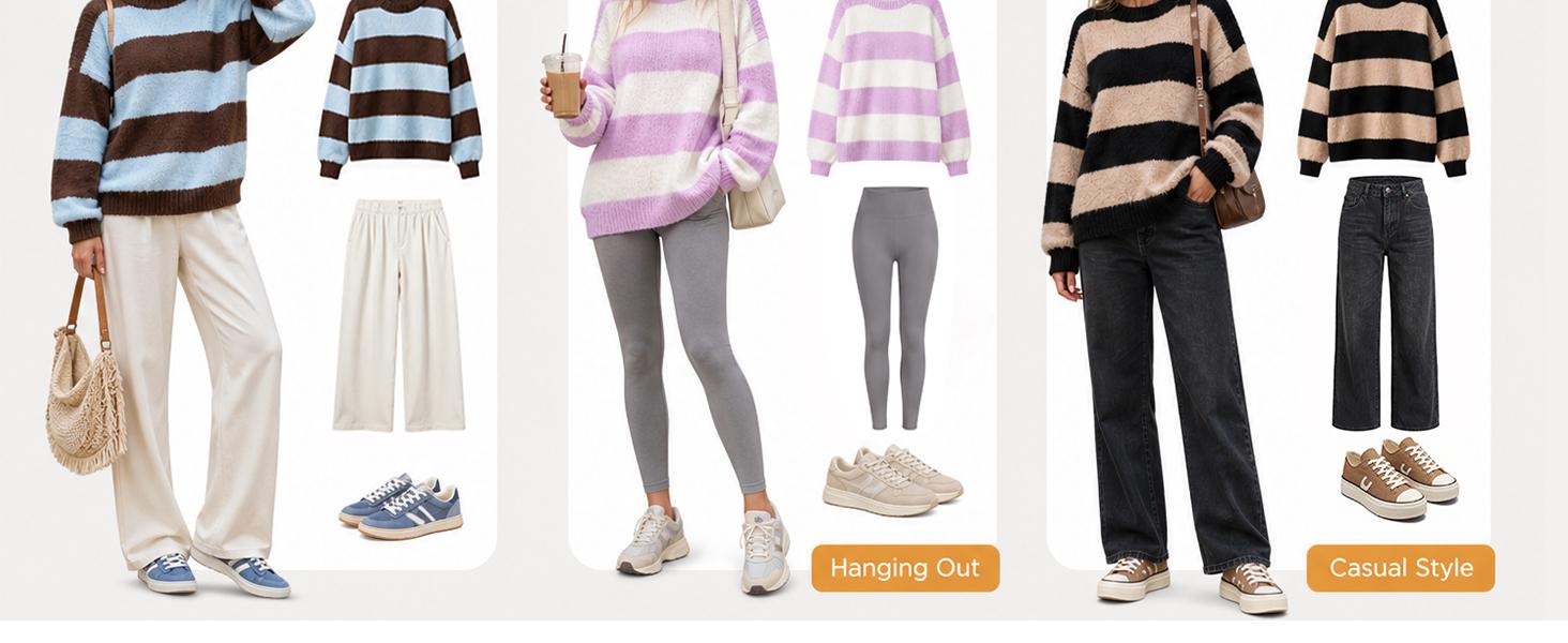 Fisoew Retro Color Block Stripe Sweater, Crew Neck Oversized Balloon Long Sleeve Loose Casual Pullover Top Matching Jeans Pants Fall Winter Casual Layering Top