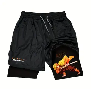 Anime training Shorts Black Performance Shorts Summer Double Layer Beach Pants Fitness Training Pant Sports