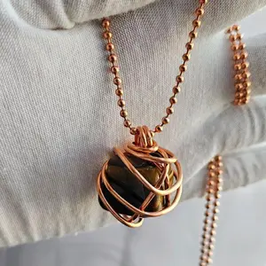 2.4mm Ball Chain Tiger Eye Crystal Pendant Necklaces 24 Inches, Thick 14 Gauge Copper Wire Wrapped Jewelry, - Confidence, Protection, Balancing Stone [Made-to-Order]