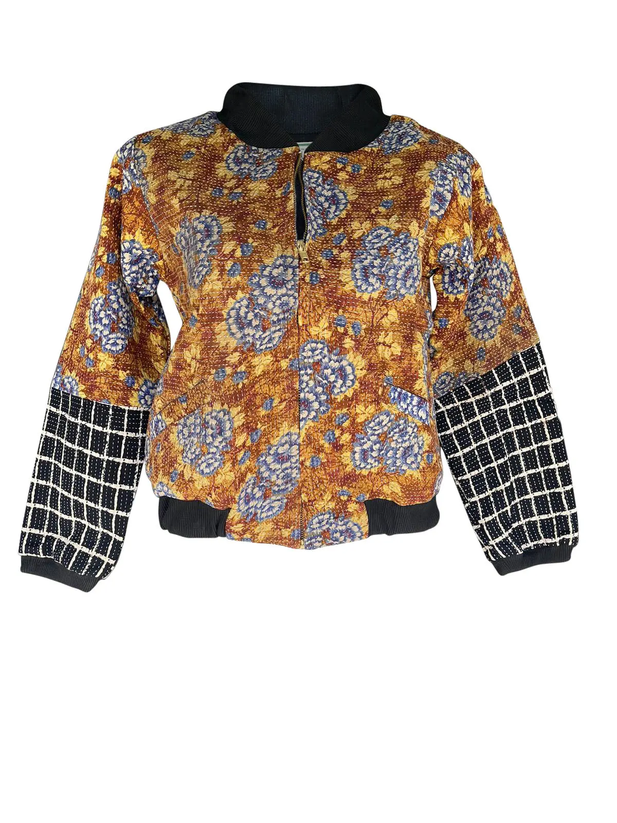 NADIA BOMBER JACKET - Vintage Kantha - Black & Brown