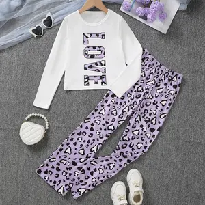 Ready Stock 2Pcs Big Girl Casual Outfits Long Sleeve Letter Print Tops + Leopard Pattern Trousers 8Y 9Y 10Y 11Y 12Y Kids Fall Long Pants Set 132407016