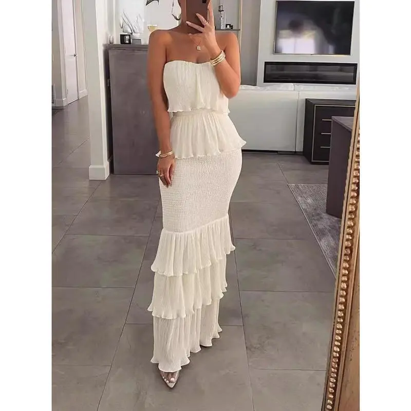 Women's Strapless Ruffled Maxi Dress, Elegant Solid Pleated Sleeveless Long Formal Evening Party Gown, Strapless Cut, Plain Solid, Full Length, Black, Orange, Xxl