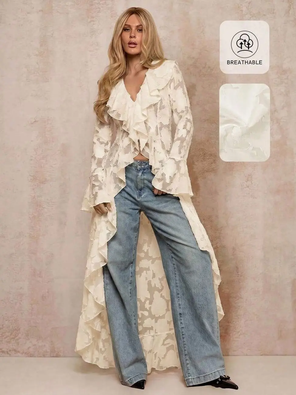 Women's Romantic Boho Sheer Long Cardigan Cover Up, Elegant Ruffle Lightweight Duster Jacket, Vintage Western Bohemian Style, Beach Vacation Festival Outfit, Fall Winter Fashion