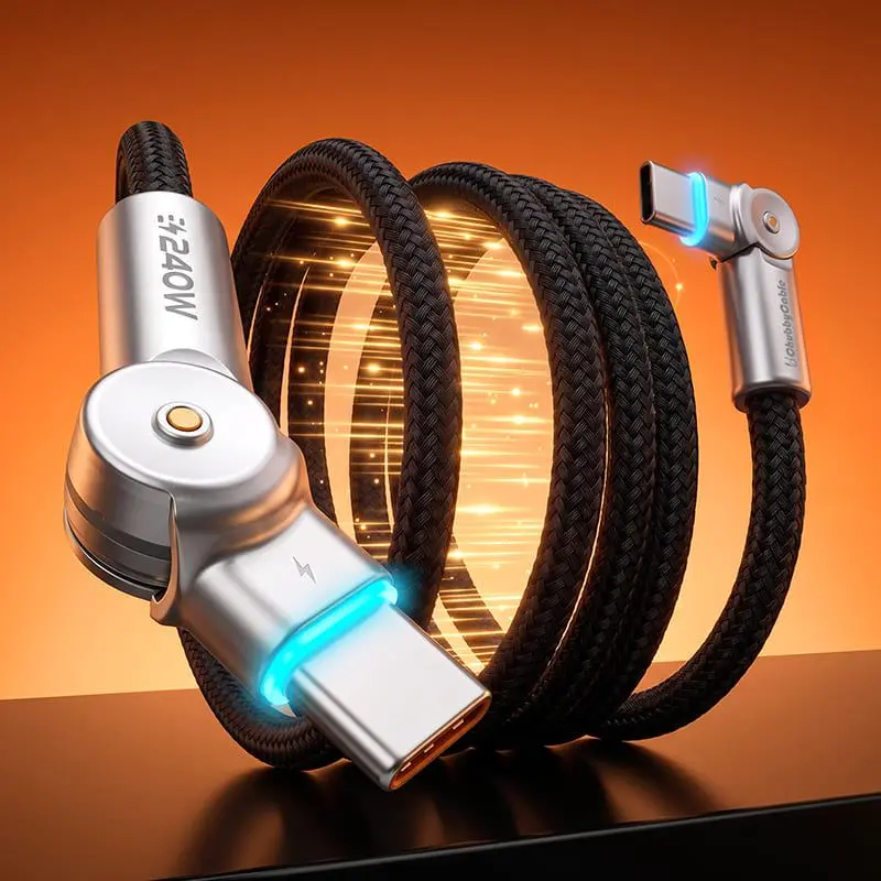 ChubbyCable MagRotateX - 240W Alloy Magnetic Easy-Pack Charger Cable with 180° Rotating Connectors, LED Indicator for Mobile Electronic Devices