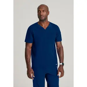 Barco One Men's Velocity 2-Pocket Ribbed V-Neck Scrub Top Medium Indigo.