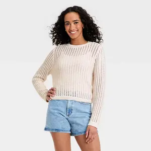 Women's Long Sleeve Crochet Openwork Crewneck Pullover Sweater - Universal Thread Cream M