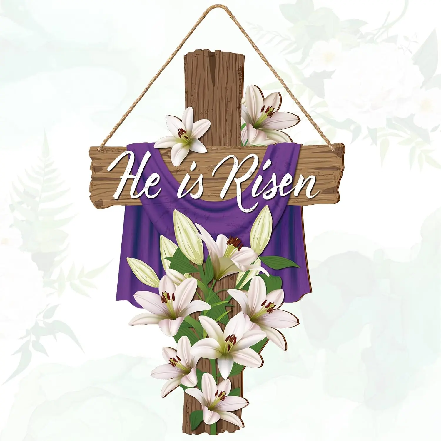 Christian Easter He Is Risen Rustic Cross-Style Wooden Flower Wreath - Decorative Hanging Sculpture, Hangable Front Door Sign, Religious Spring Farmhouse Porch Decor Home Supply