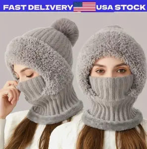 3 in 1 Women Beanie Cap Bobble Scarf Mask Set Knitted Winter Warm Snow Ski Cap