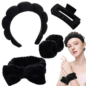 LMMAKE Women's 5pcs Terry Cloth Spa Headband & Wrist Bands Set, Soft Hair Accessory for Face Washing & Facial Skincare Makeup Prep