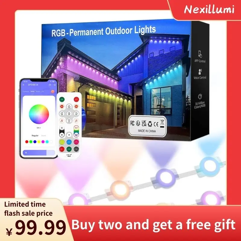 Nexillumi eaves light,Dynamic light，Permanent Qutdoor Lights100ft, Smart RGB IC Eaves Lights With72 Scene Modes, lP67 OutdoorLighting For Holiday Deco