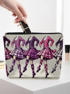 Women's Linen Makeup Bag with Zipper, Plaid Pattern Cosmetic Pouch, Portable Travel Toiletry Organizer for Daily Use