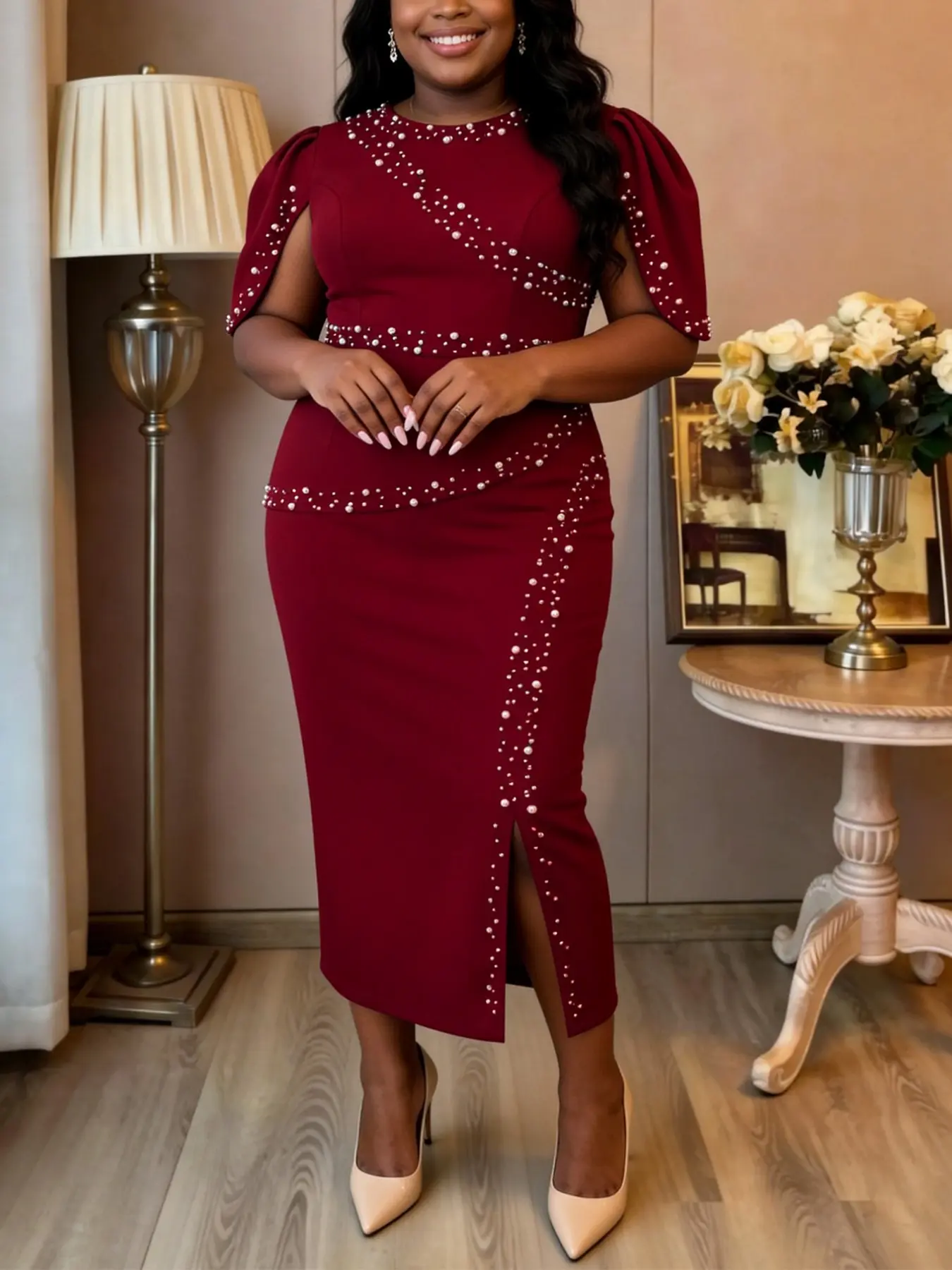 Women Elegant Chic Beading Dress O Neck Round Neck Irregular Short Sleeve Package Hip Split Slim Fit African Female Formal Wear Party Wedding Guest Party Gowns Beaded Dress