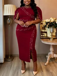 Women Elegant Beading Dress O Neck Irregular Short Sleeve Package Hip Split Slim Fit African Female Party Wedding Guest Party Gowns