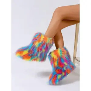 Women's Colorful Plush Snow Boots, Thickened, Fashionable And Warm, Fluffy, Long Plush, Jacquard Stripe, Mid-Calf Boots