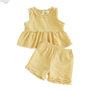 Toddler Baby Girl 2‑Piece Summer Outfit, Gingham Plaid Sleeveless Peplum Tank Top with Ruffle Trim & Matching Shorts, Soft Breathable Cute Casual Clothes for Daily Wear, Playdates, Beach Trips & Summer Outdoor Activities