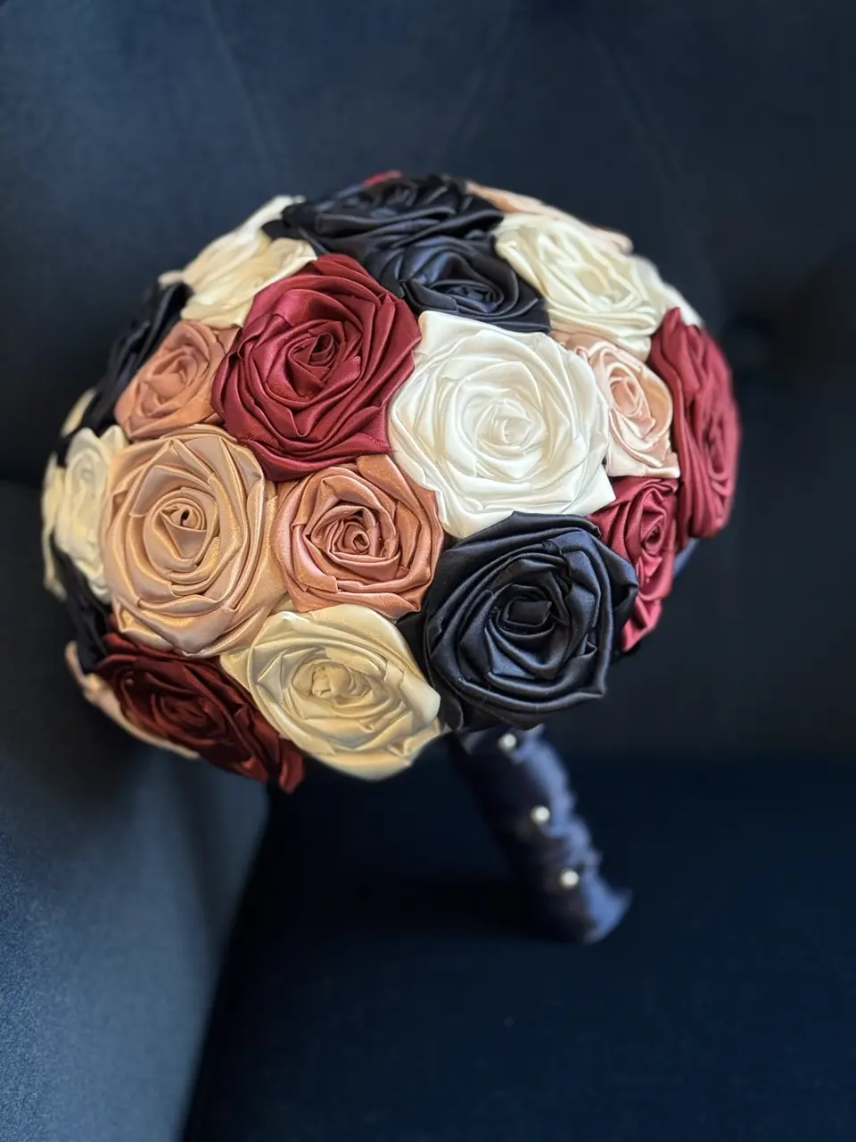 Faith’s Bouquet | Ivory, White, Burgundy, Navy Blue, Blush Pink, & Dusty Rose | Burgundy Wedding Bouquet | Red Rose Bouquet | Wine Wedding | Outdoor Wedding | Fall Bouquet | Handmade Satin Rose Bouquet