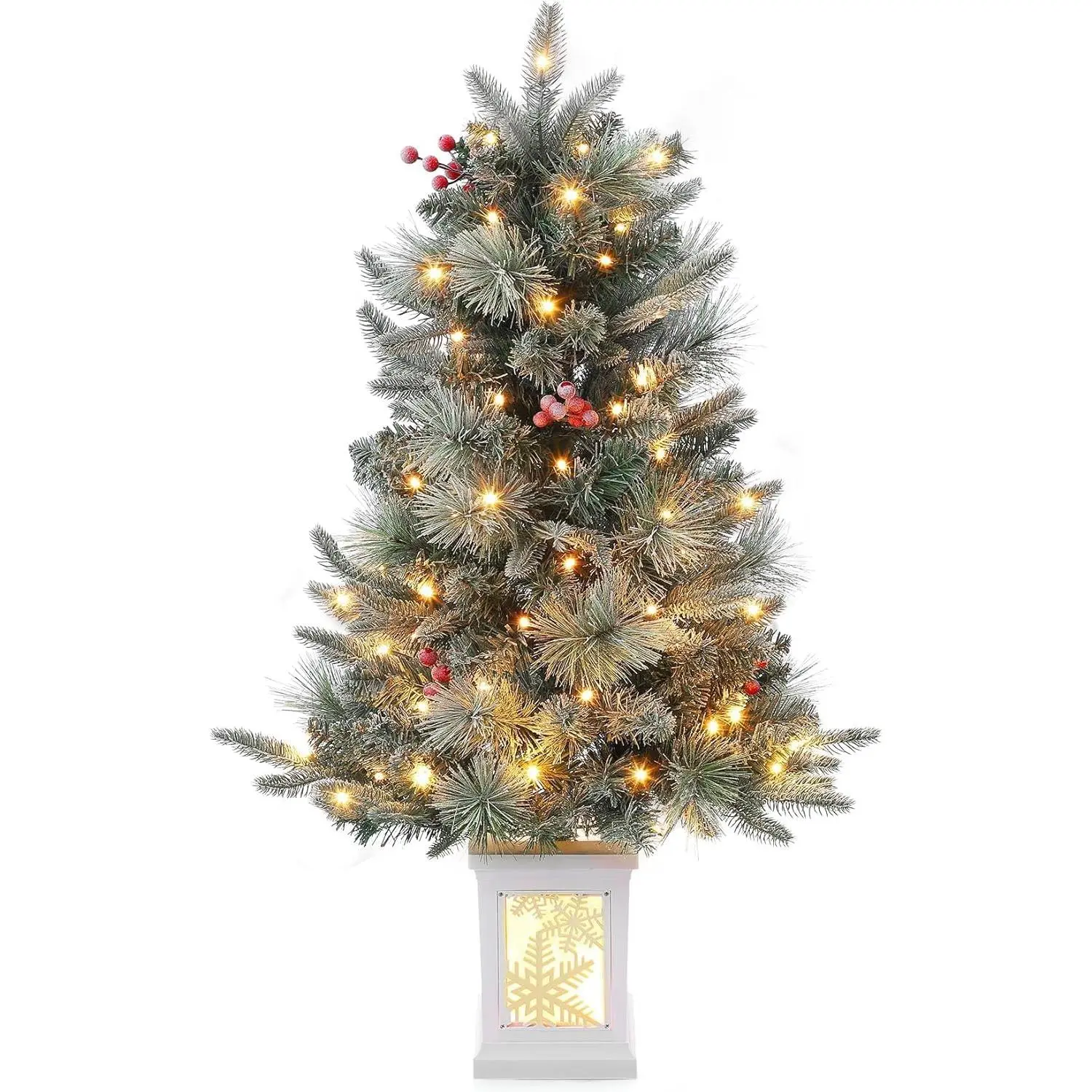 GARVEE Artificial Christmas Tree 90cm with 78 Lights, Snow Flocked Artificial Christmas Tree Battery Operated Pre-lit Premium with Red Berries Christmas Decoration for Home, Office, White Base