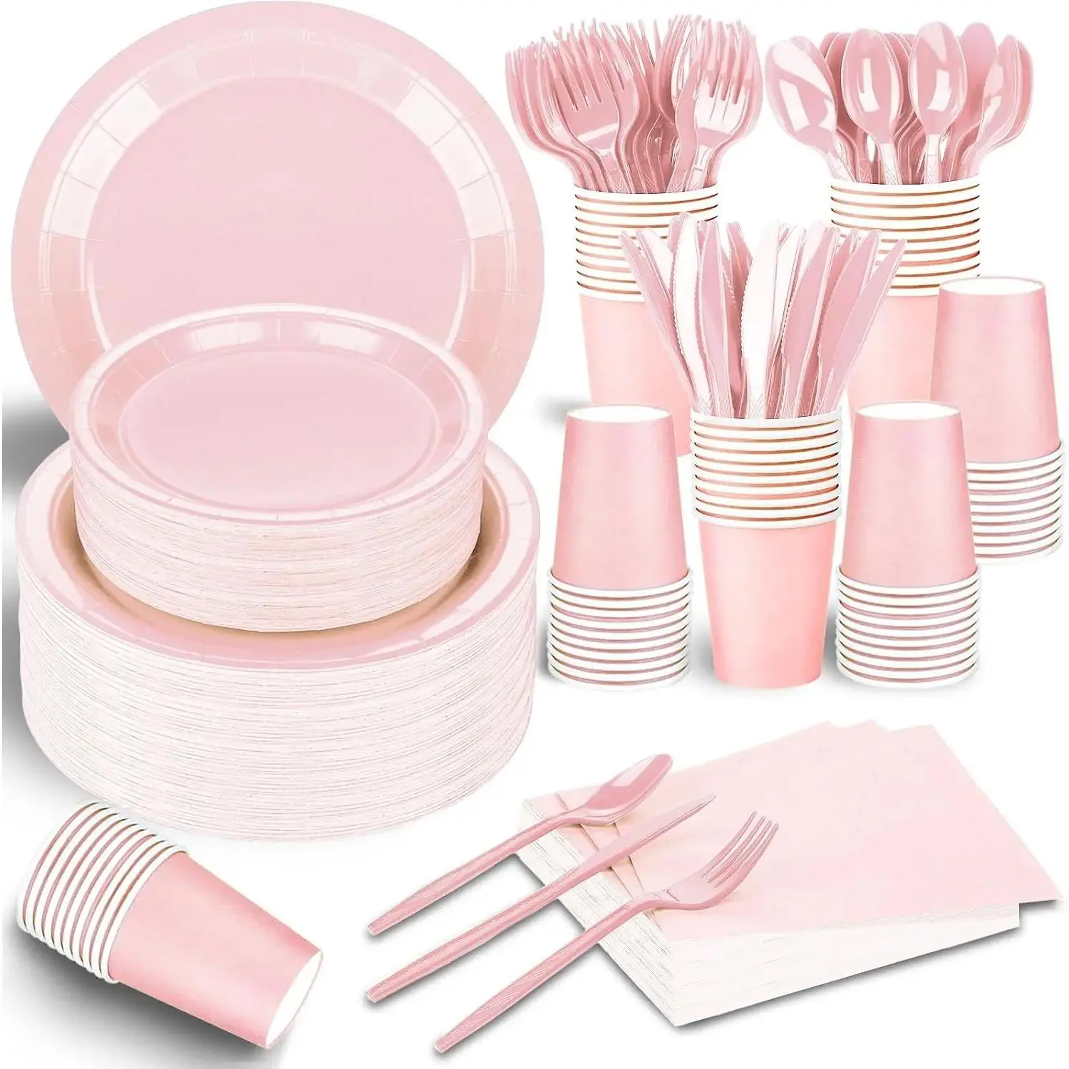 228PCS Solid Pink Disposable Party Tableware Set - Paper Plates, Cups, Napkins, Plastic Spoons, Forks, Knives for 30 Guests - Ideal for Birthday, Wedding