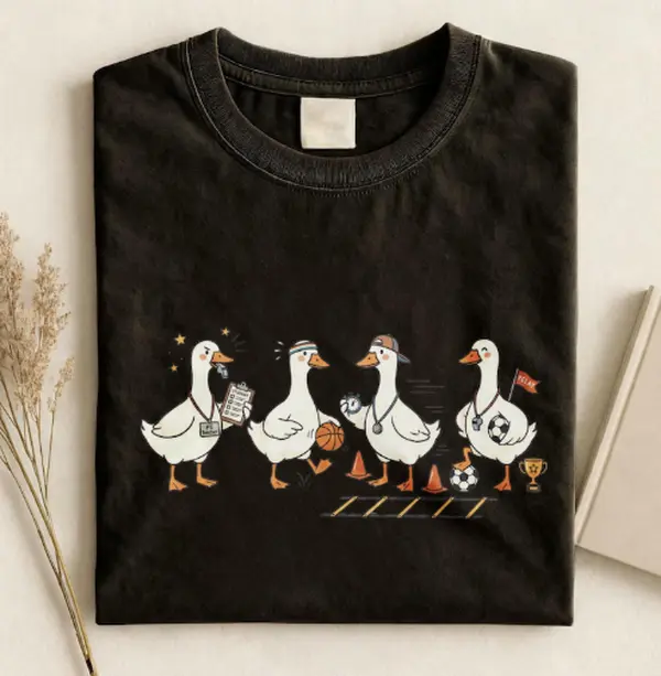Vintage Washed PE Teacher Duck Crewneck T-Shirt, Funny Four Sport Ducks Coach Basketball Soccer Referee Graphic Tee, Cute PE Instructor Gift