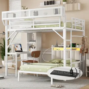 Ful  over Twin Metal Bunk Bed with Desk and Bookshelves,Detachable Metal Bunk Bed with LED and Charge Station,White (Expect Arrival Date 2025/10/5)