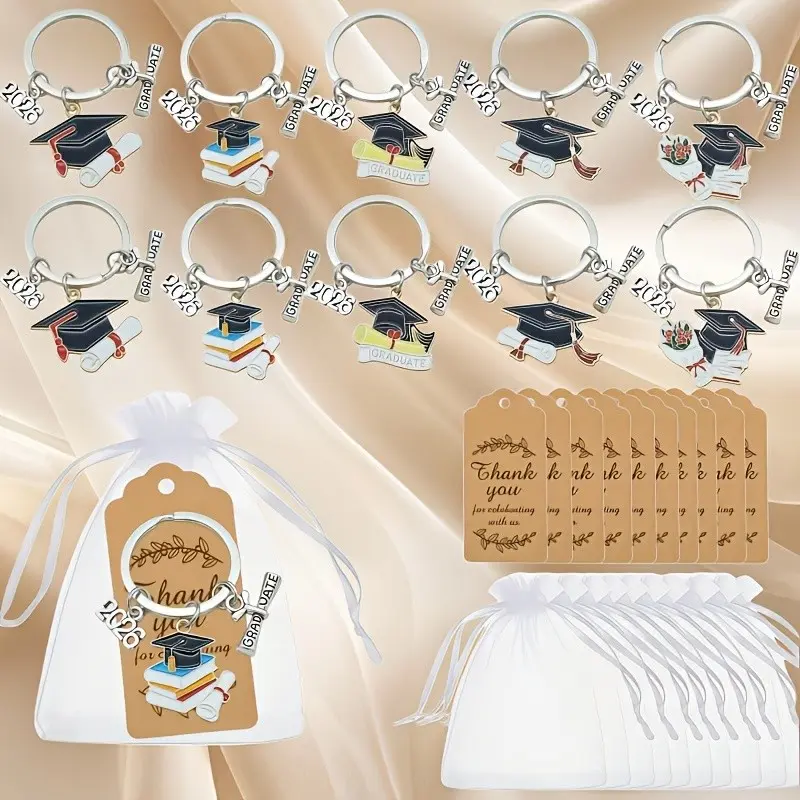 2026 Graduation Keychain Kit – 15 Sets with Hat & ID Card Pendants, Zinc Alloy Split Rings, Keyrings for Keys, Key Holders, Durable Metal Keychains for Backpacks, Grad Gifts, Party Favors, Celebration Supplies