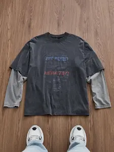 Letter Graphic Tees Long Sleeve Shirts Y2K Crew Neck 2 in 1 T-Shirt Oversized Tops Streetwear